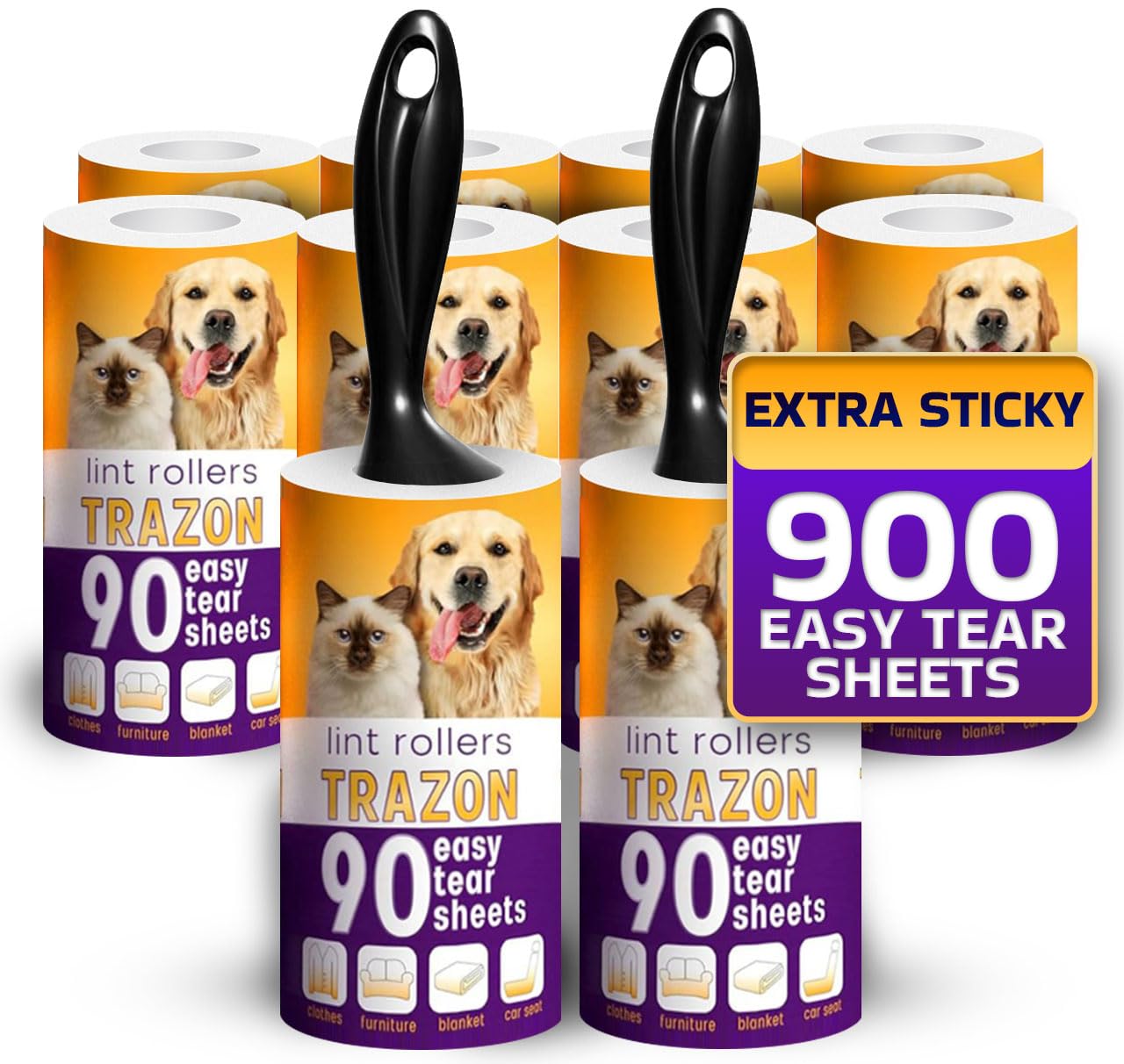 Lint Rollers Pet Hair Value 10 Pack of 900 Sheets / 10 Refills Sticky Roller Pet Hair Lint Remover Dog/Car Hair Fuzz Animal Fur Large Lint Removal Roller Clothe Couch Furniture. Stick Roller